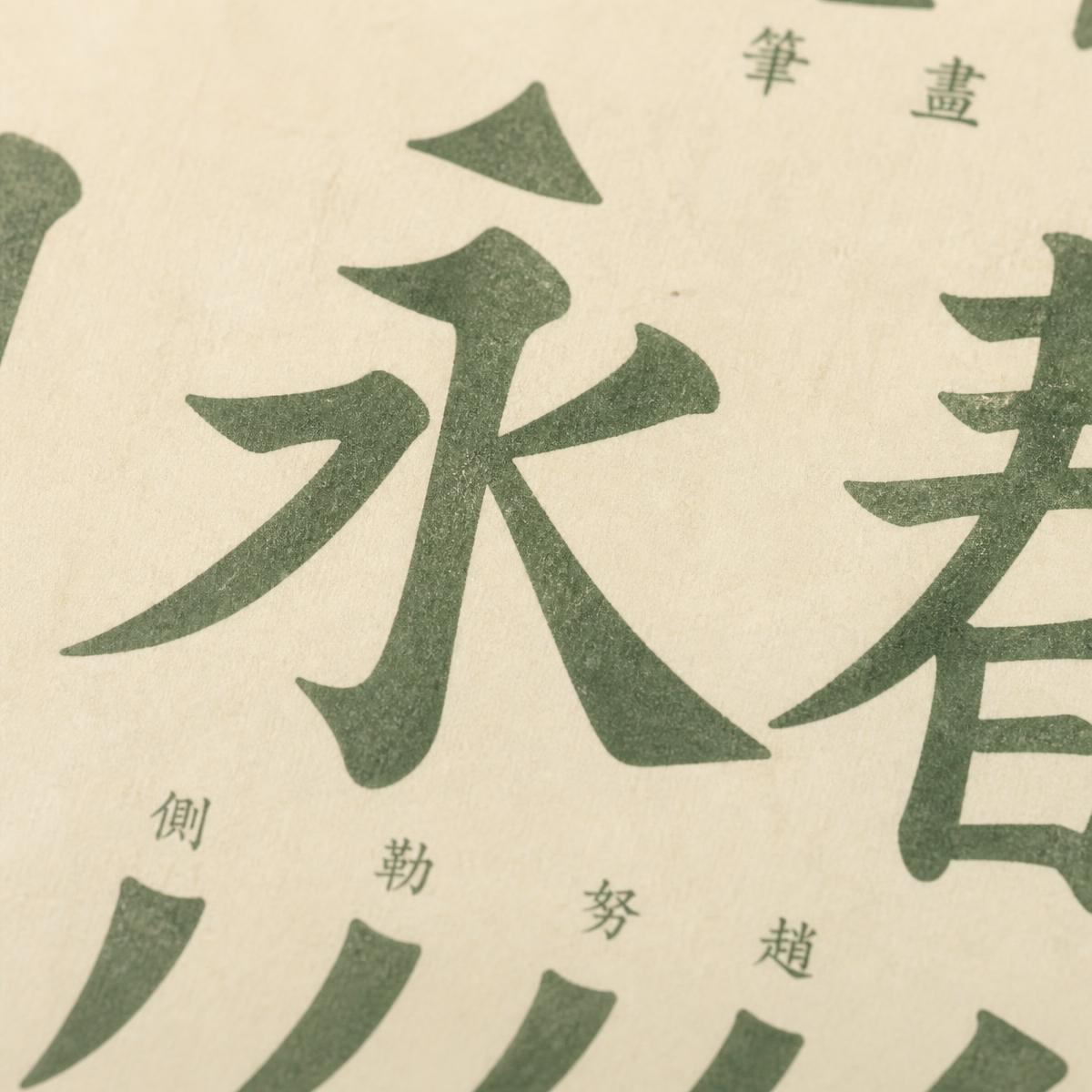 Han characters printed in sage green ink showing stroke-weight studies