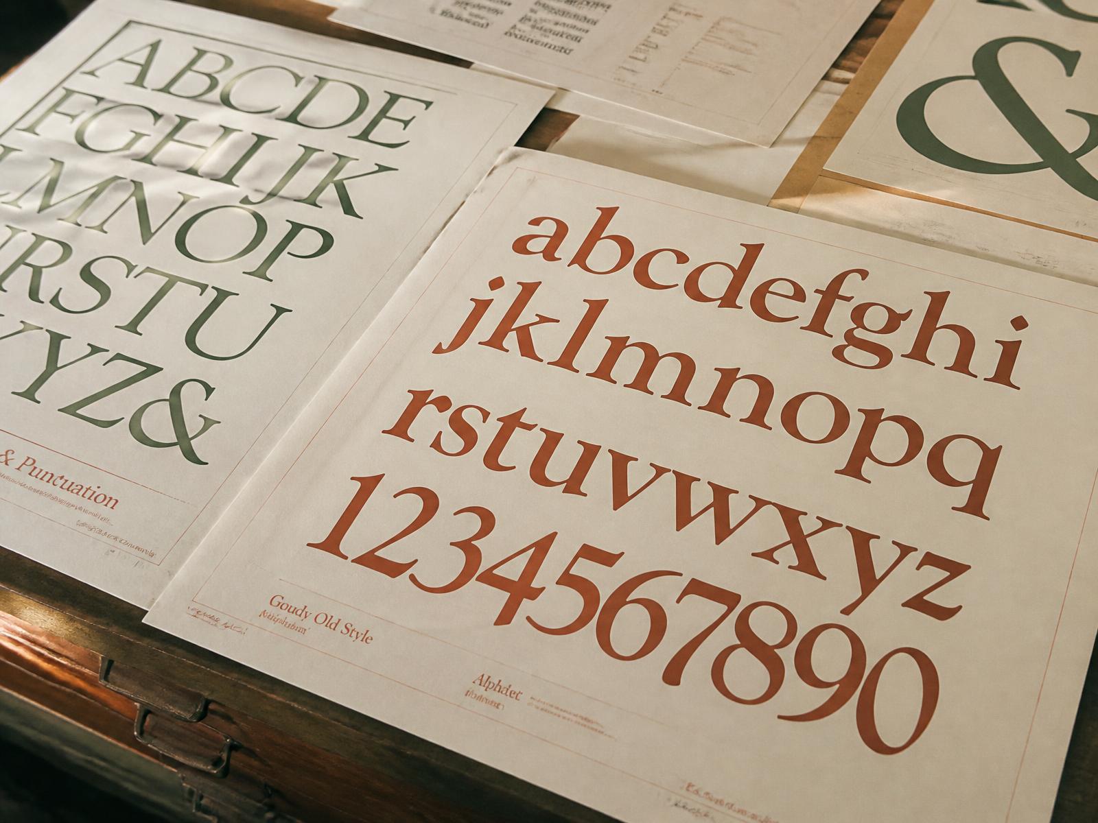 Printed type specimen sheets in terracotta and sage inks