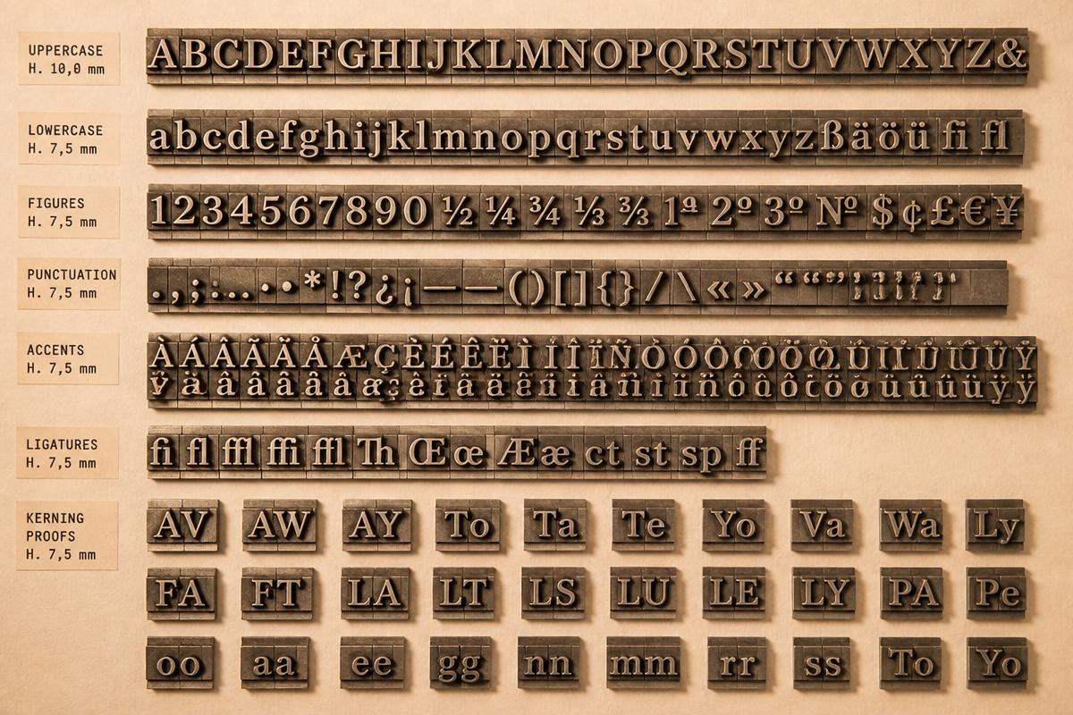 Kerning proof strips and metal type sorts arranged by character class