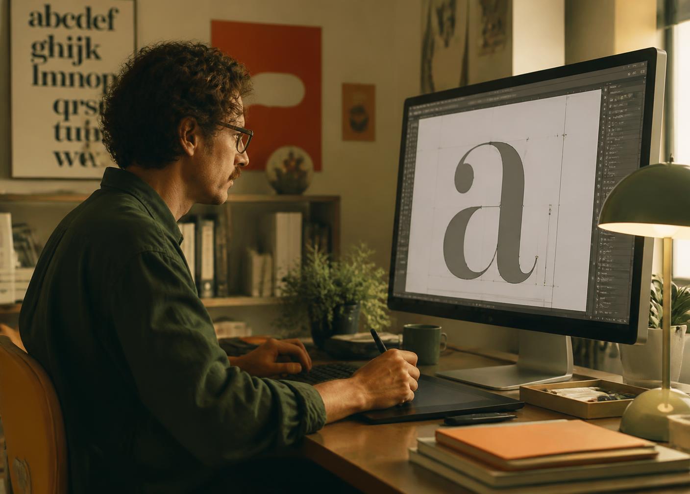 Type designer refining a lowercase letterform on screen in the studio